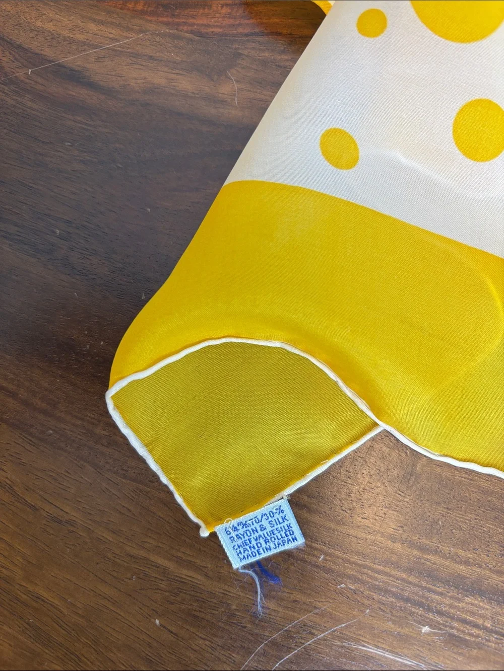 Vintage Hand rolled Yellow Polka Dot Square Scarf Made in Japan